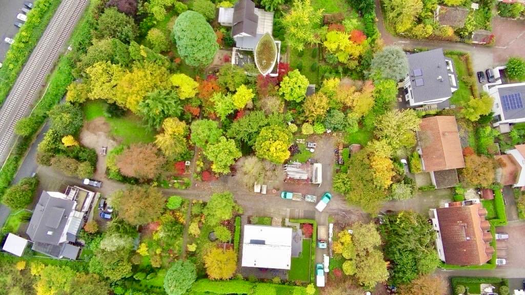 Luftbild des Betriebsgeländes der Baumschule Belzner an der Dammstraße in Bensheim im Herbst